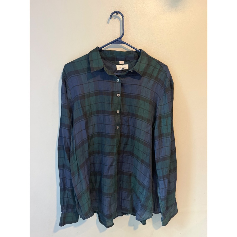 Loft The Softened Shirt Womens XL Green Navy Blue Plaid Button Down Rayonβ Blend